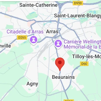 Carte d'Arras avec localisation de Beauraains marquée en rouge.