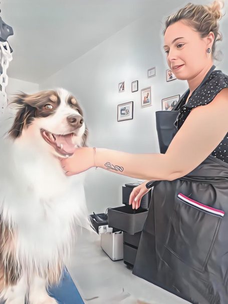 Femme coiffe un chien en salon, souriante, ambiance professionnelle et amicale.