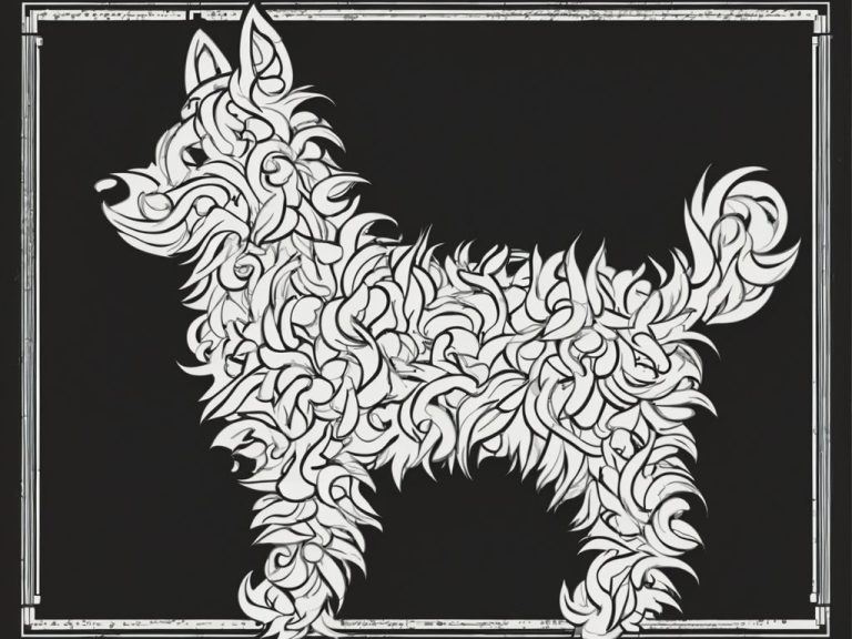 Un chien aux contours stylisés, rempli de motifs floraux sur fond noir.