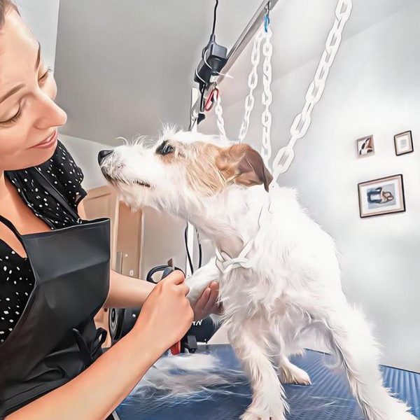Femme toilettant un chien sur une table, avec un regard affectueux.