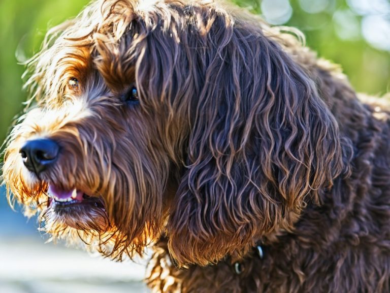 Chien brun avec des poils bouclés, regard attentif dans un environnement extérieur.